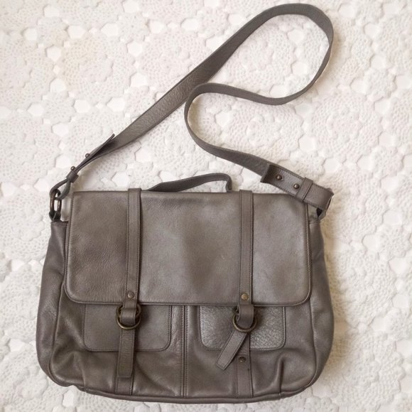 Eileen Fisher Handbags - Eileen Fisher Crossbody Purse Messenger Bag Large Silver Leather Flap Laptop Bag